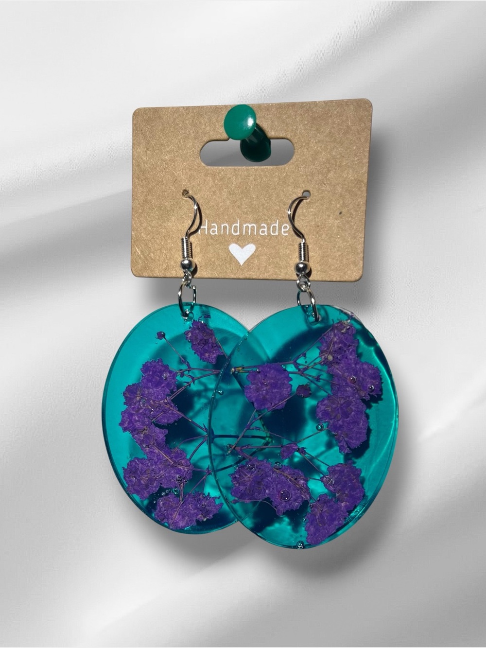 Handmade Teal Resin Earrings with Purple Dried Flowers